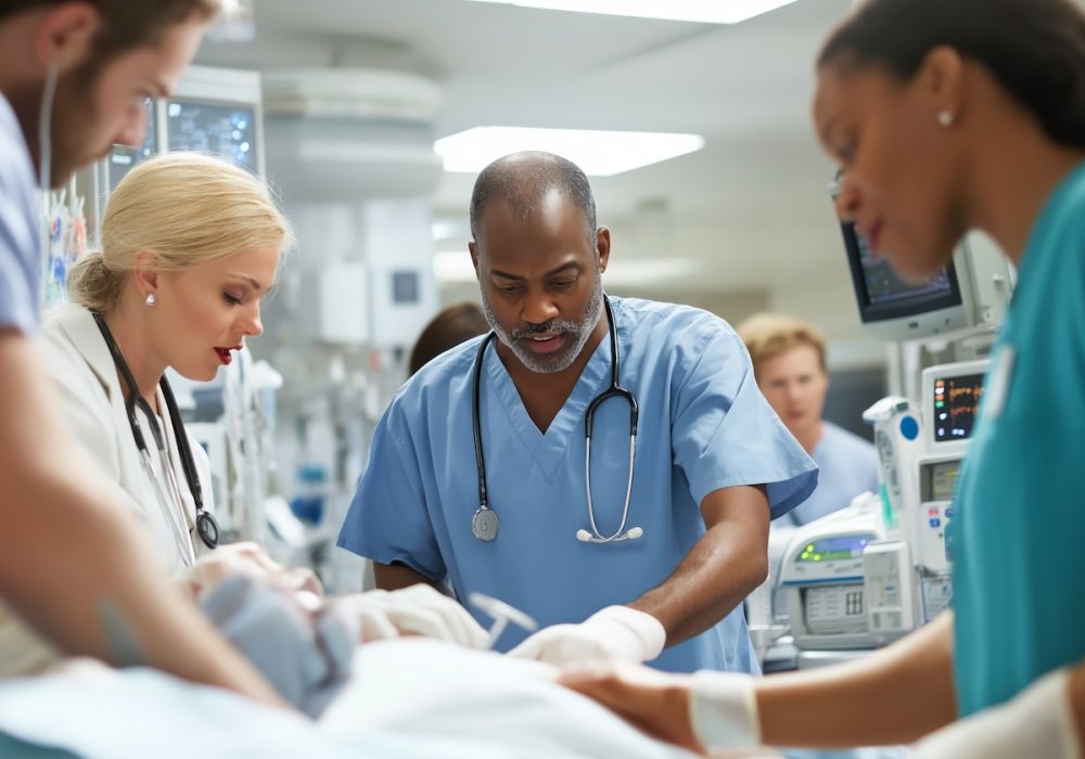 Medical team performing surgery in a hospital operating room with focused concentration on patient care.